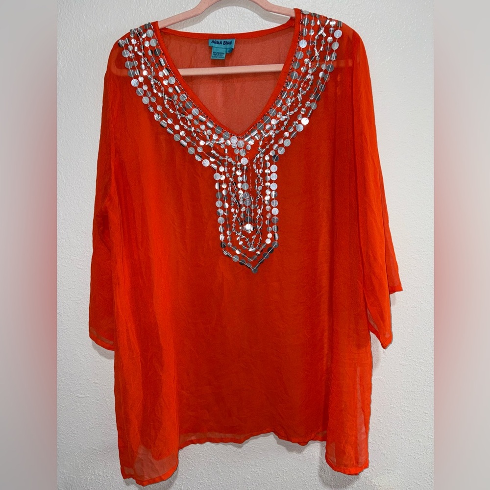 Aqua Blu Orange Tunic with Silver Accents